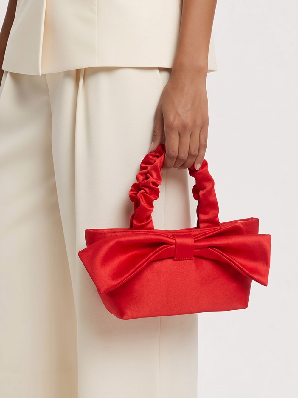 Red Satin Oversized Bow Mini Top-Handle Bag with Gold Chain